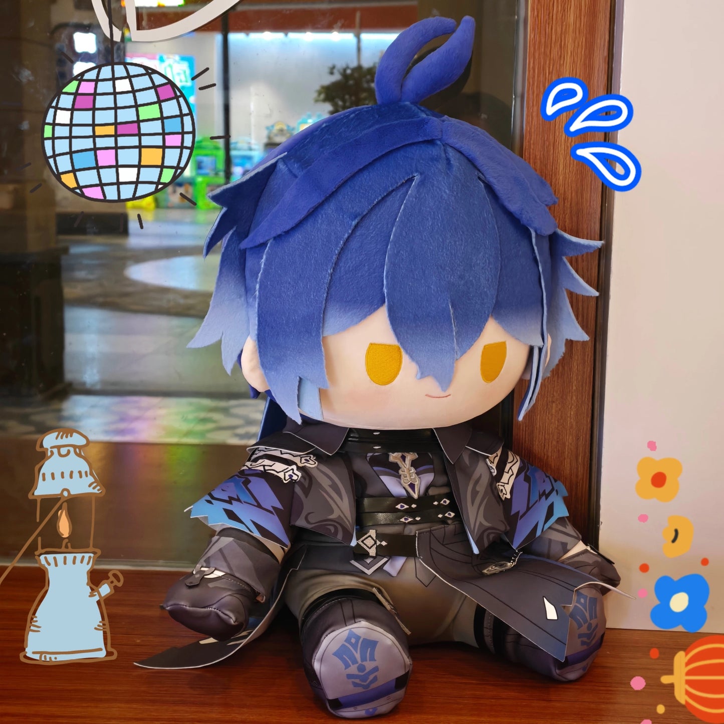 Smile House Fanmade Plushies Man Blue Hair Yellow Eyes Staring Style Sitting Plush Doll